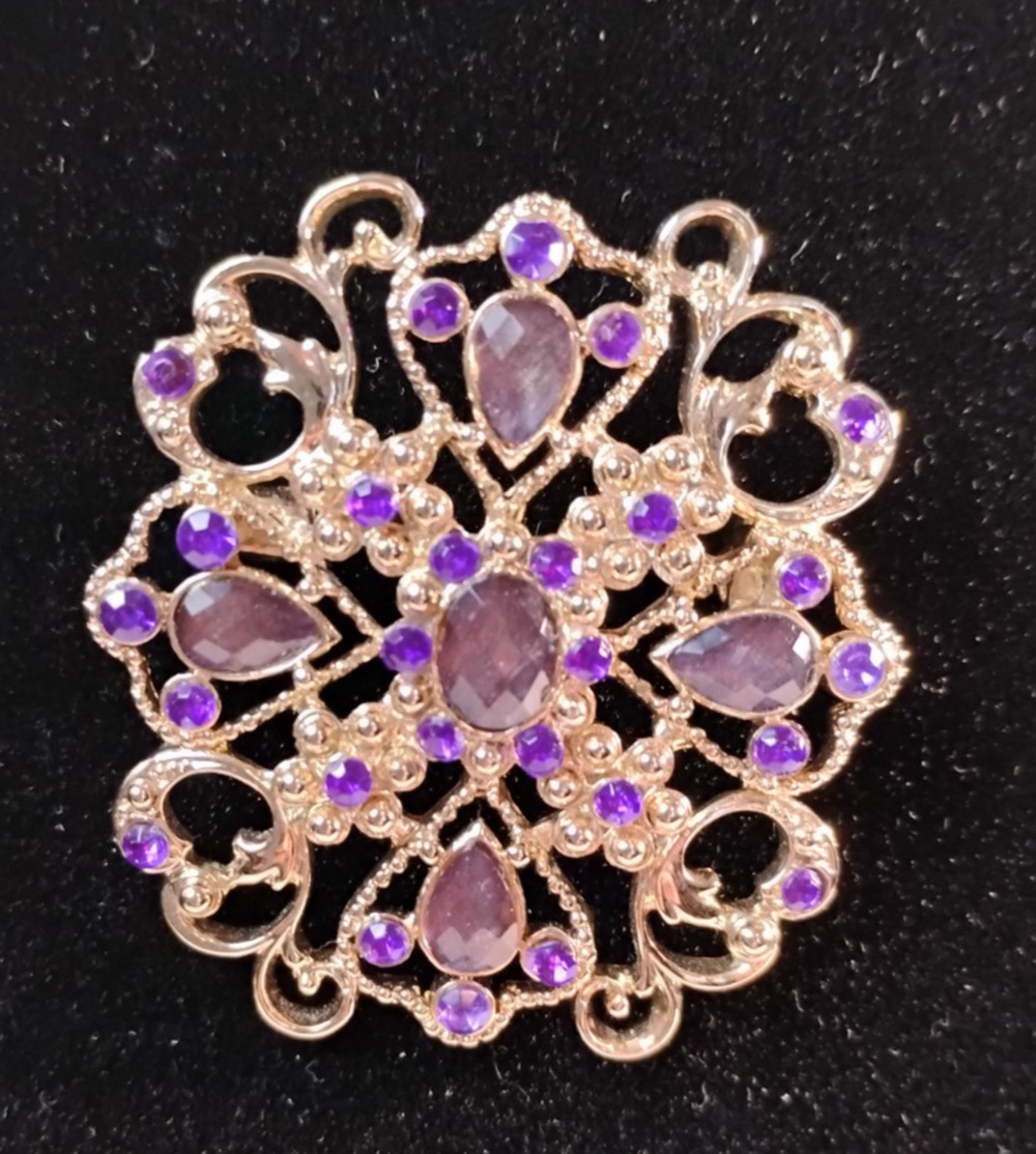 Vintage Monet Gold Tone Filigree Brooch Purple Faceted Rhinestone Whimsigoth